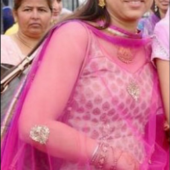 Raw Silk In Hot Pink & Gold with hot pink pajami & net dupatta Indian Outfit - Picture 1 of 2